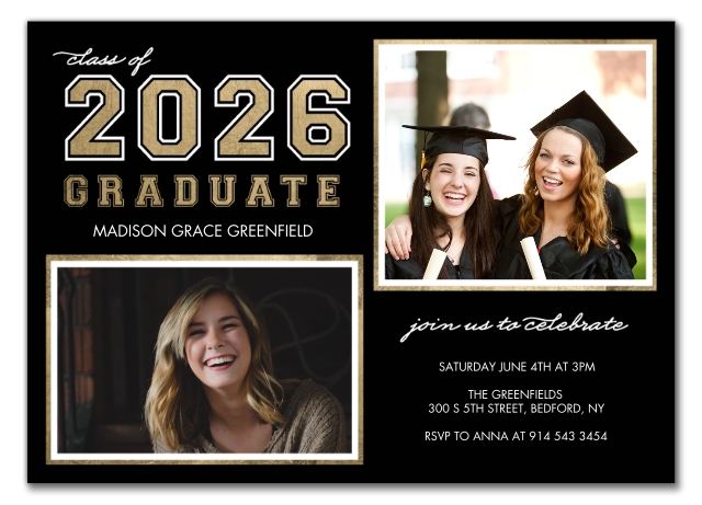 2026 grad cards Graduation Invitation Class of Black Gold Photo Invite 150 run the panel through your heat source 2026 Graduation Card
