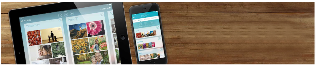 Image of iPhone and iPad with Snapfish photos section loaded in it.
