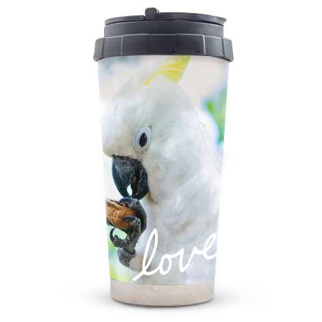 Travel mug with picture of pet bird 