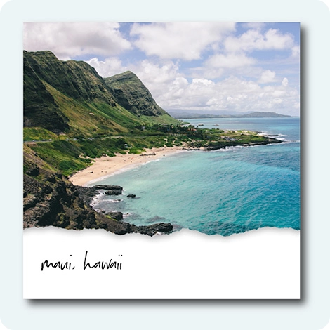 Snapfish Photo Tile featuring an aerial shot of a Hawaiian beachscape with Maui, Hawaii text at the bottom